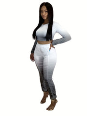 Gradient Ruched 2 Pc Set Crew Neck LS Top & Slim Pants Outfits Women's Clothing