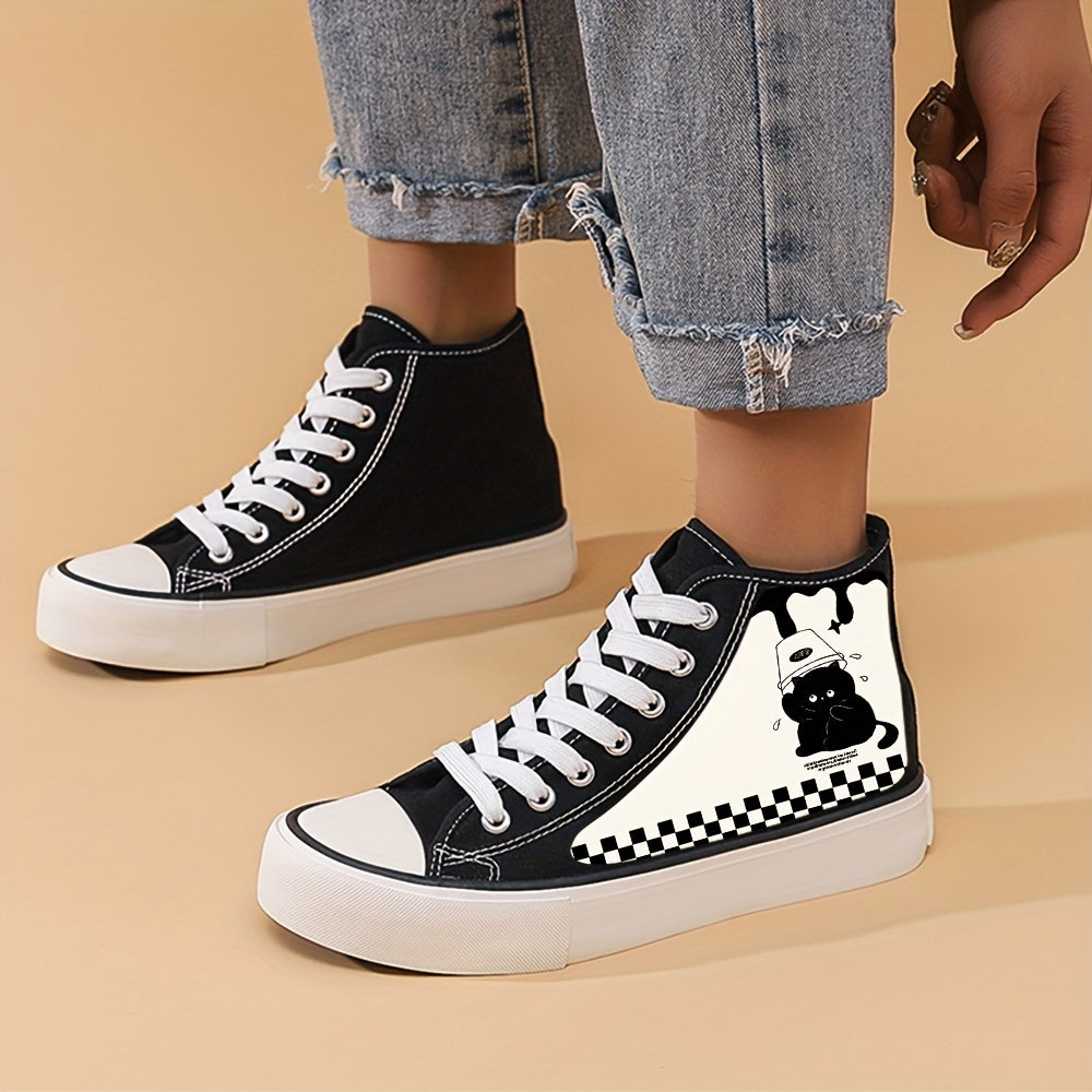 Cat & Plaid Pattern Canvas High Tops Lightweight Lace Up Flats