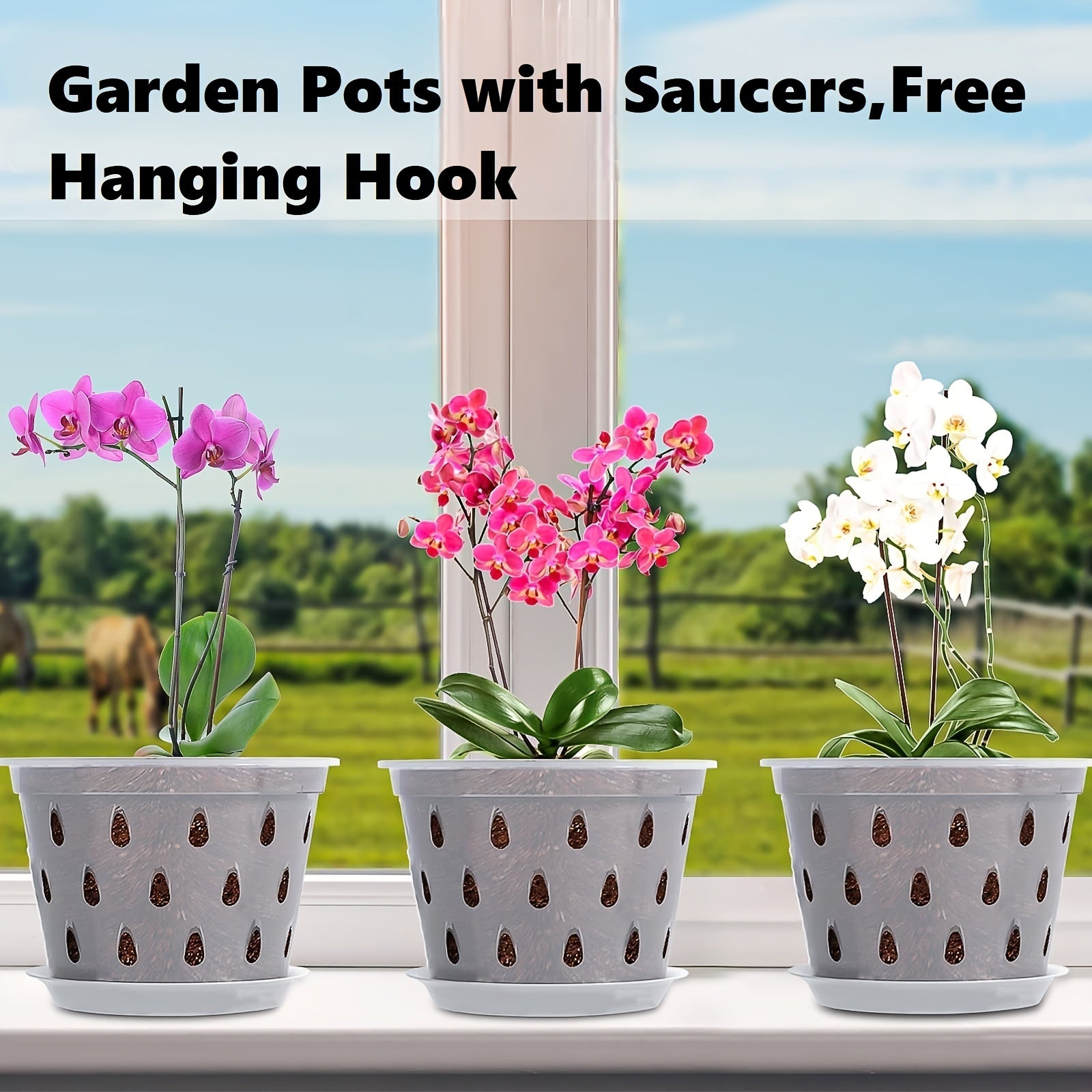 3pcs Transparent Orchid Pots W/ Saucers & Hanging Hooks Indoor Outdoor Decor