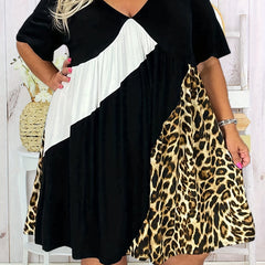Casual Dress Colorblock Leopard Print V Neck Dress