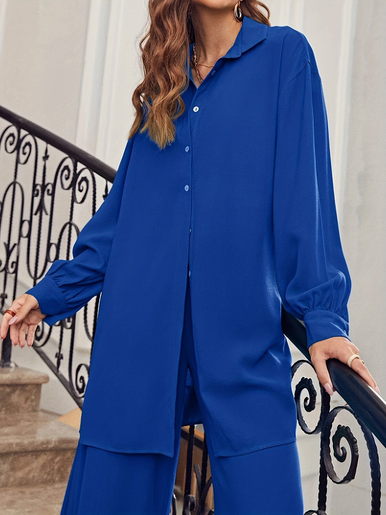 2 Piece Set Button Up Blouse & Wide Leg Pants Outfits