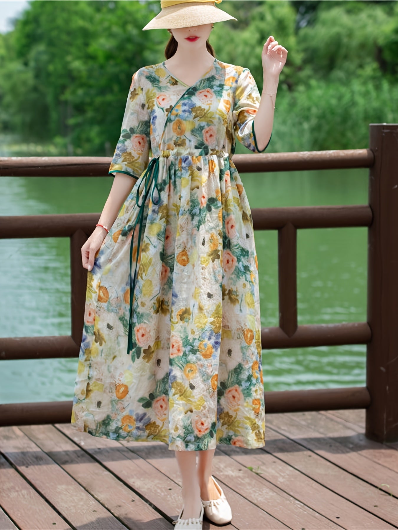 Vintage Floral Print Ruched Dress Tie Waist Surplice Neck A Line