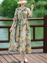 Vintage Floral Print Ruched Dress Tie Waist Surplice Neck A Line
