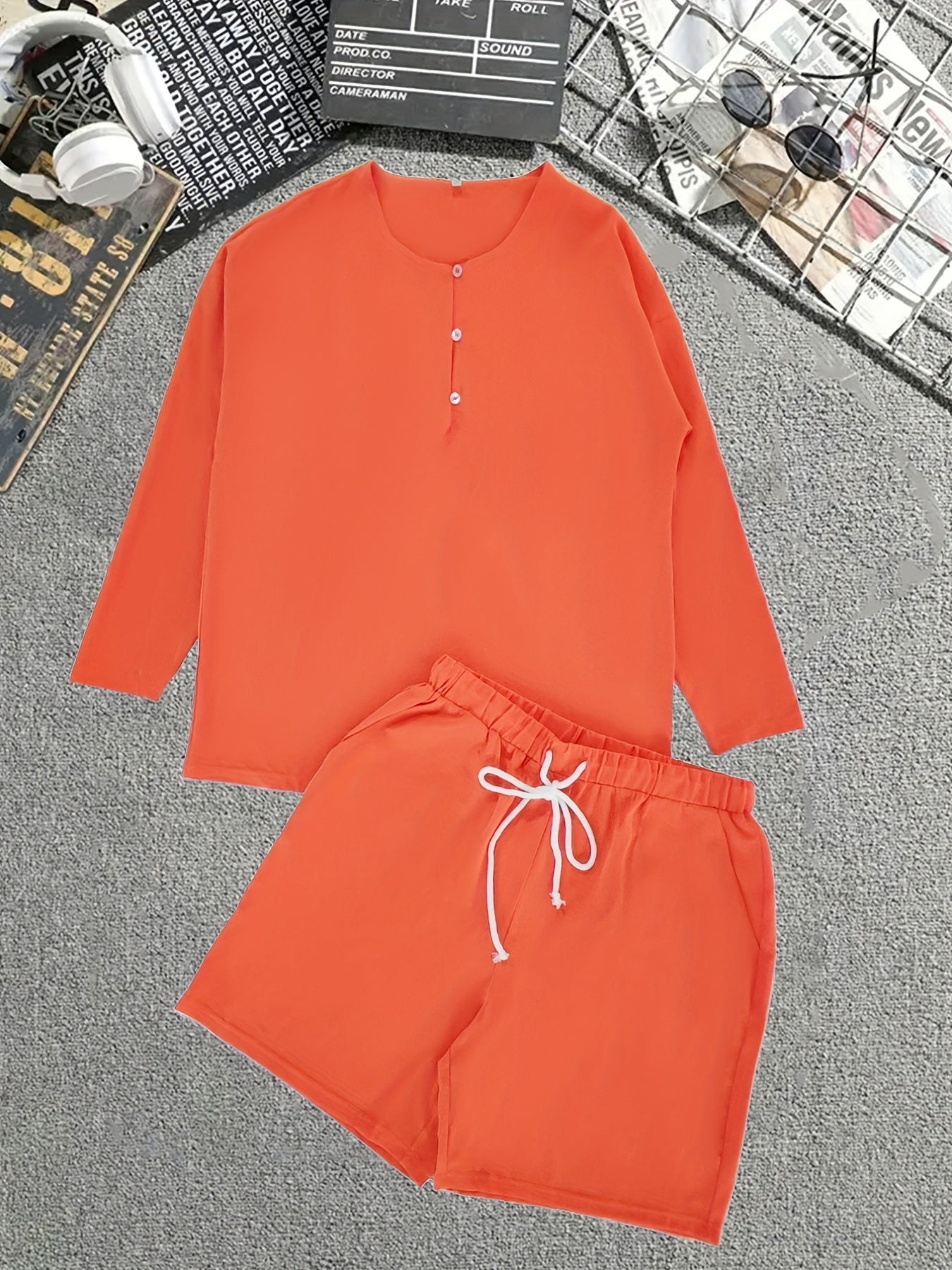 Half Button Long Sleeve Top & Drawstring Shorts