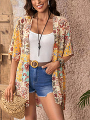 Floral Print Open Front Kimono Patchwork Pattern Chiffon Cardigan