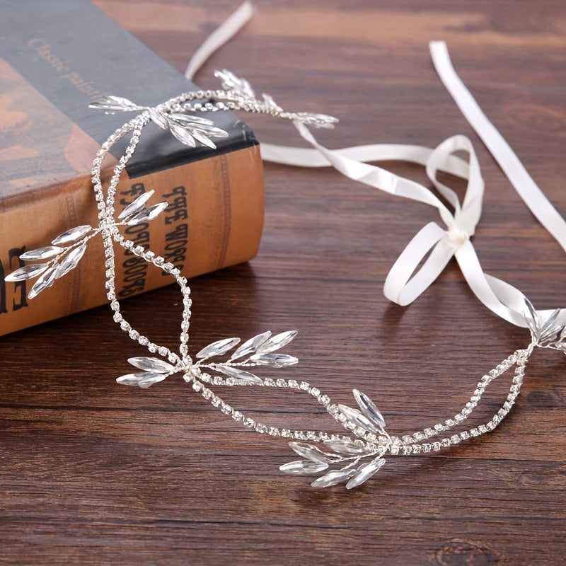 Rhinestone Headband With Long Ribbon Bridal Head Piece Hair Accessories