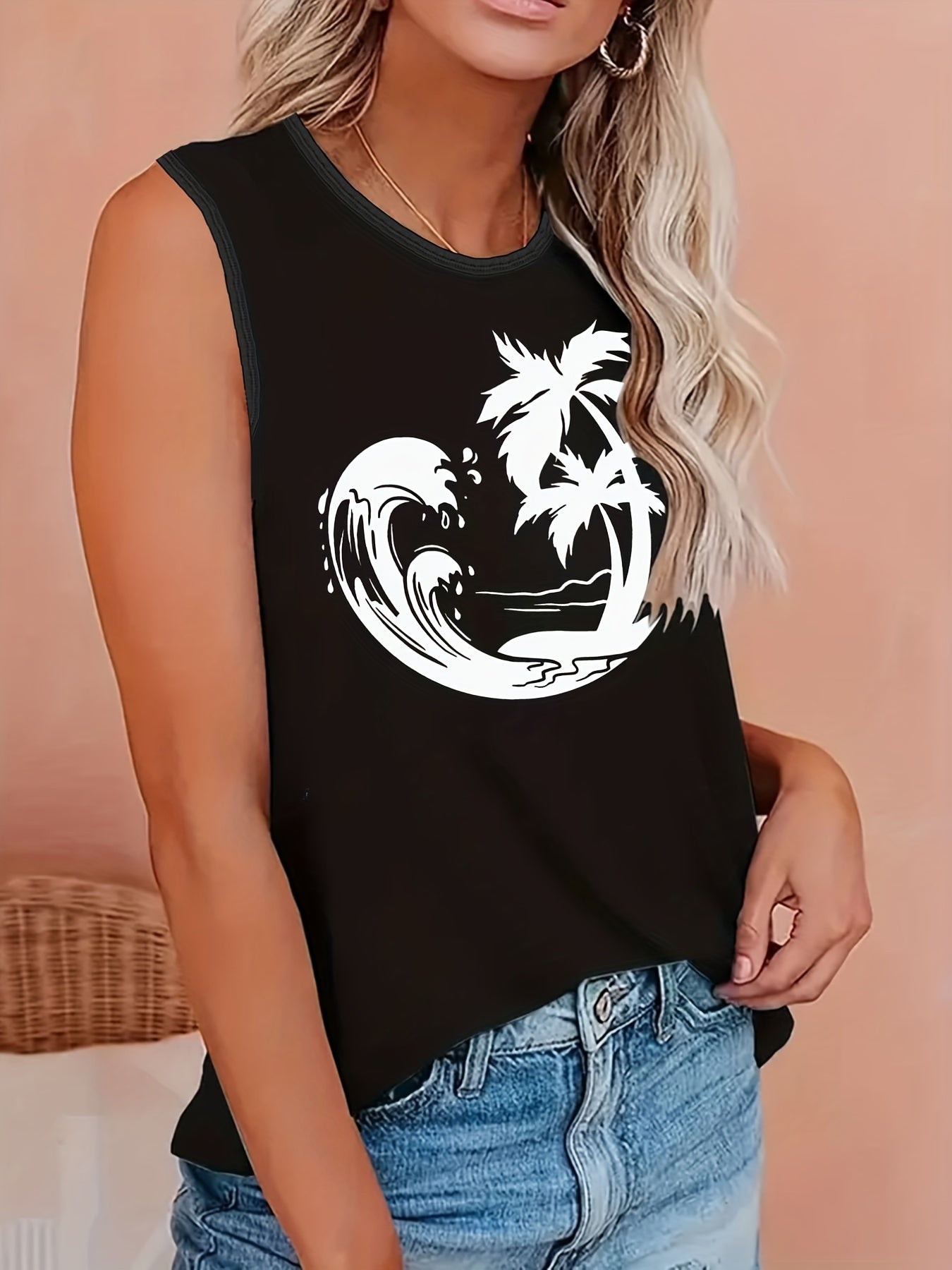 Coconut Tree & Wave Print Tank Top - Round Neck