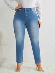Solid Button Up Slim Fit Elastic Comfort Jeans