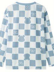 Bear Print Pajama Set Long Sleeve Plaid Top & Lounge Pants