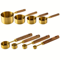 8pcs Measuring Cups & Spoons Set Stainless Steel Wooden Handle