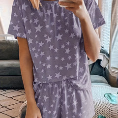 Stars Print Casual Two piece Set Crew Neck Short Sleeve Tee & Drawstring Shorts