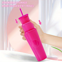 3pcs Plastic Water Cup w/ Straw Durian Texture Coffee Mug