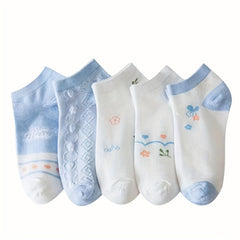 5 Pairs Floral Print Ankle Socks Soft Lightweight Women's Stockings