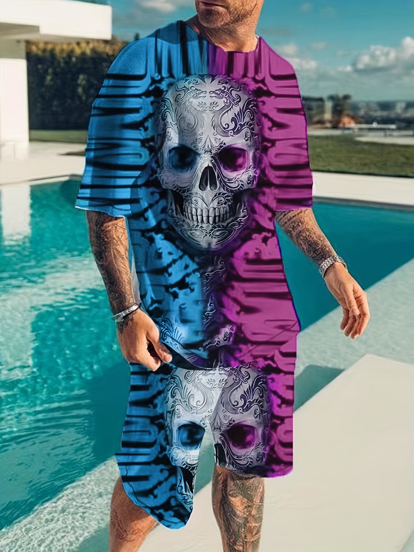 Men's Totem Skull Graphic T-shirt & Stretch Shorts Set