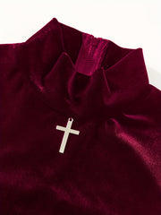 Gothic Cross Decor Mock Neck Bodysuit Long Sleeve One Piece Bodysuit