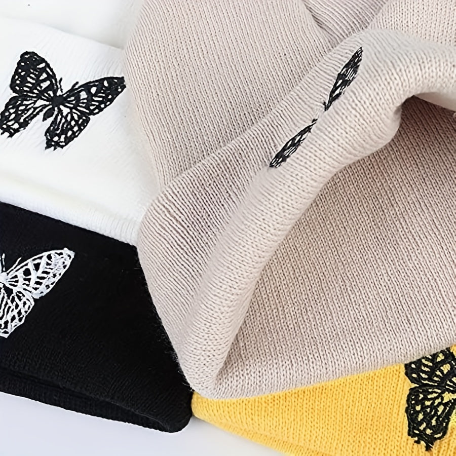 Y2K Butterfly Embroidered Beanie Hat Hip Hop Knit Couple Skull Cap