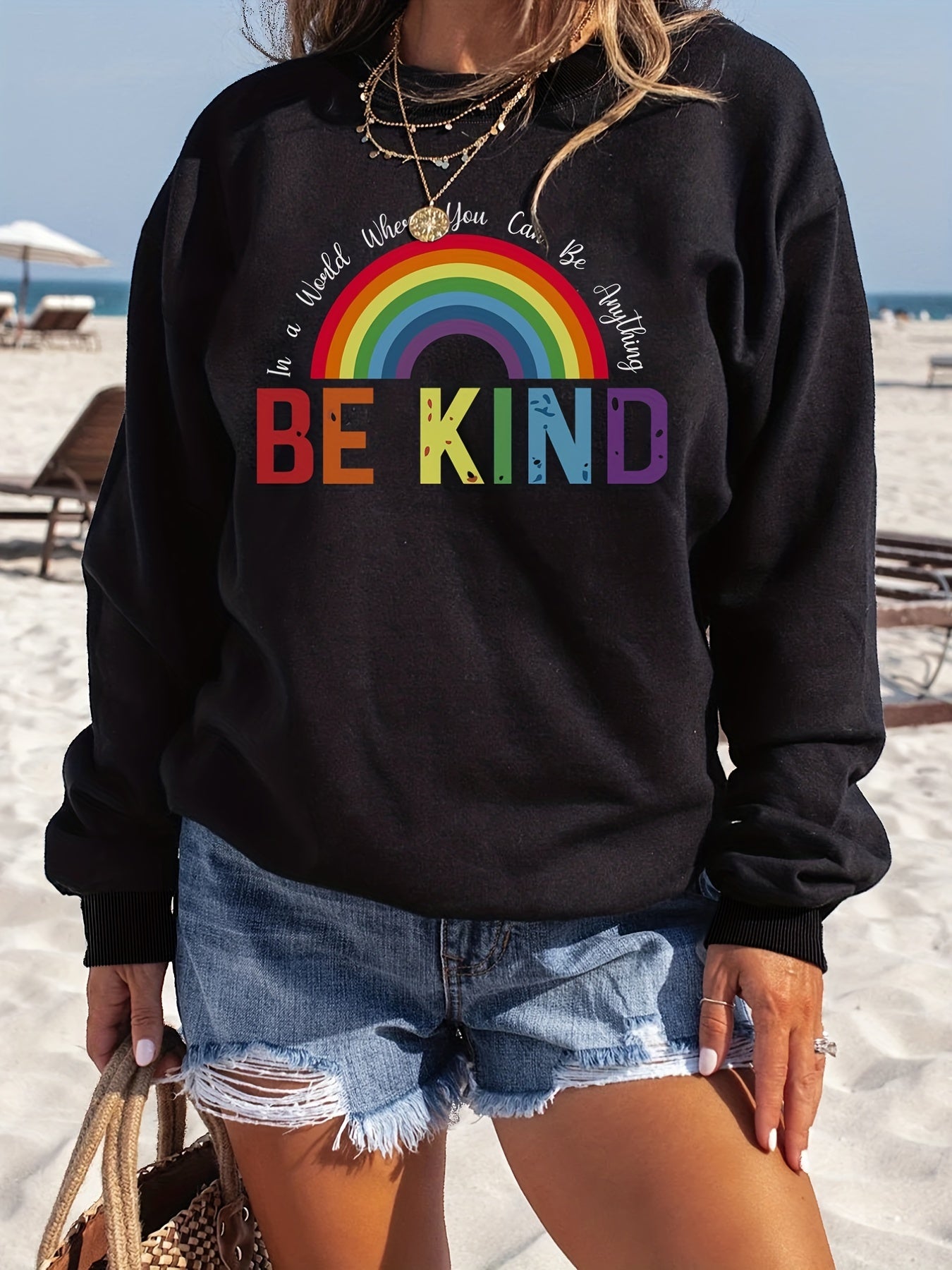 Rainbow Letter Print Pullover Sweatshirt Long Sleeve Crew Neck for Fall & Winter