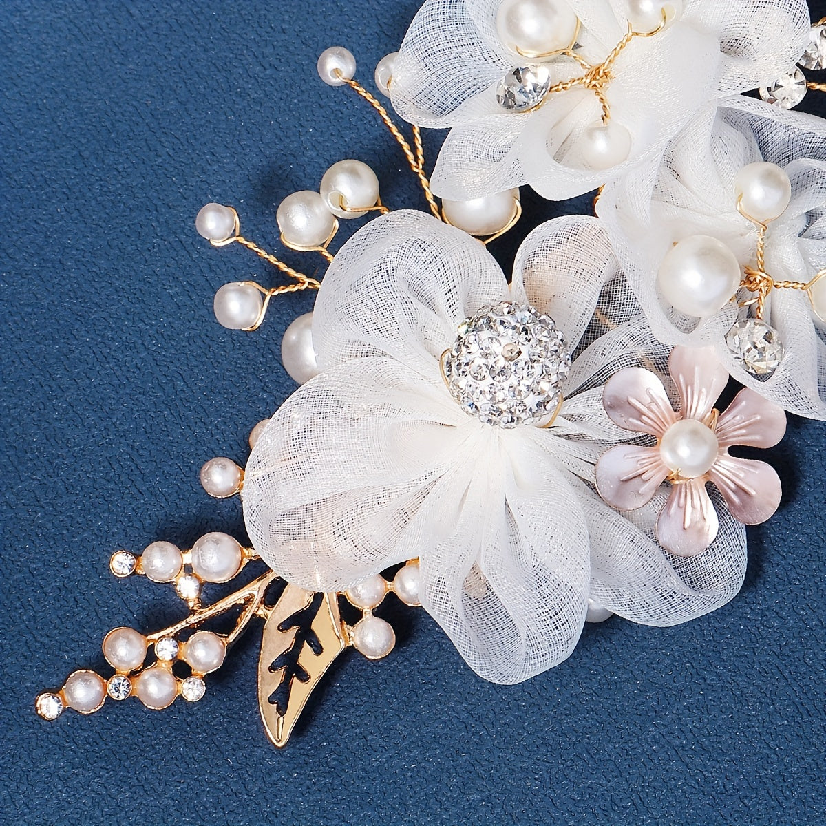 Mesh Flower Charm Hair Clip Rhinestone & Faux Pearl Decor Barrette