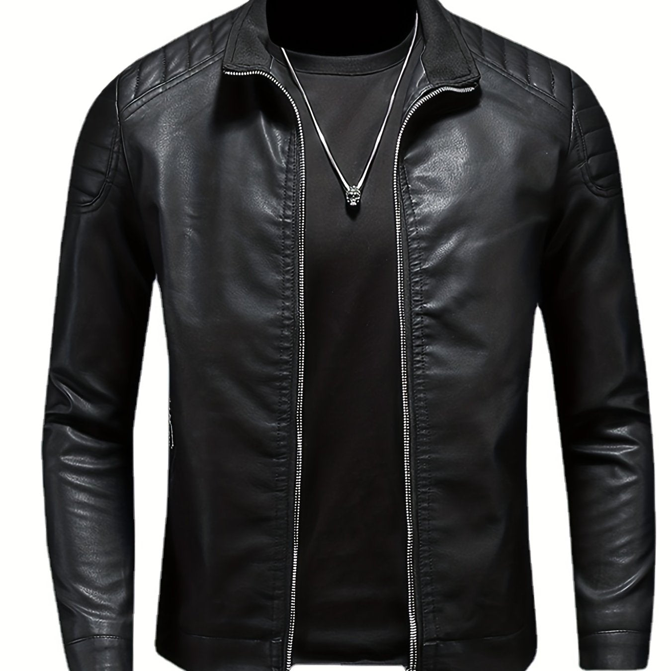 Men's Casual Faux Leather Biker Jacket Zip Up Stand Collar for Spring Fall