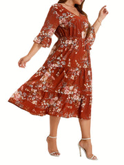 Floral Print V Neck Smock Maxi Dress
