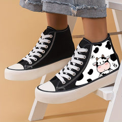 Cow Print High Top Canvas Sneakers Lace Up Skate Shoes