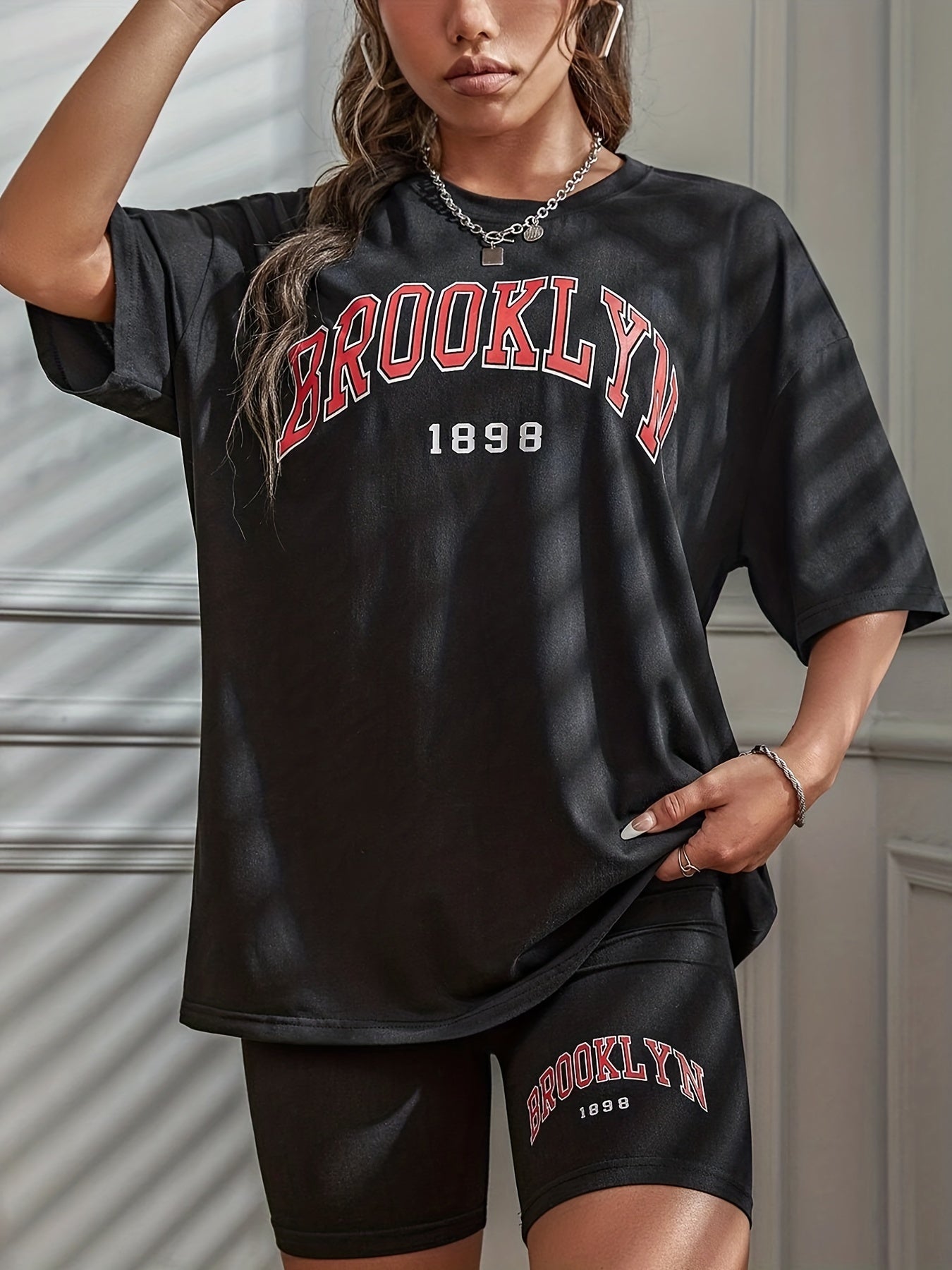 Letter Print Lounge Set Short Sleeve Top & Shorts Women's Loungewear