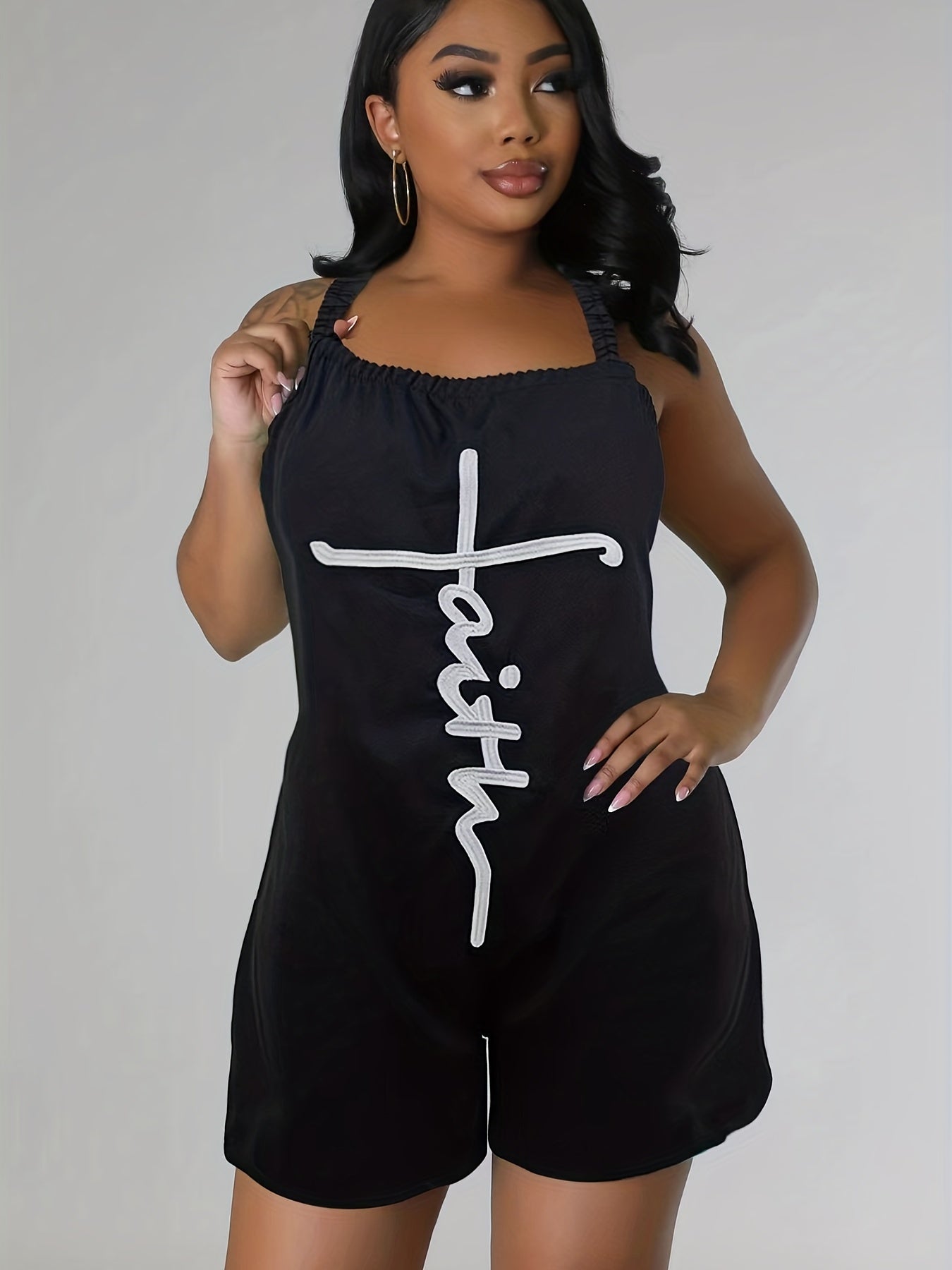 Letter Print Cami Romper Jumpsuit Sleeveless Casual Romper