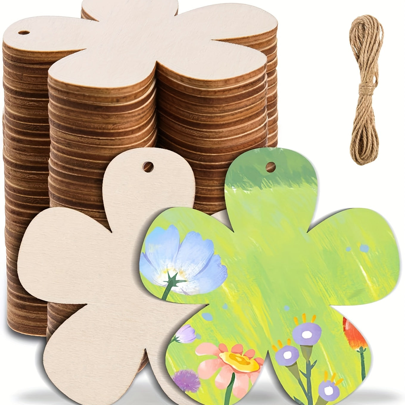 10pcs Wooden Flower Cutouts Ornaments with Twine Kids Painting DIY Crafts