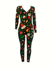 Christmas Print Lounge Jumpsuit Long Sleeve V Neck Buttons Jumpsuit