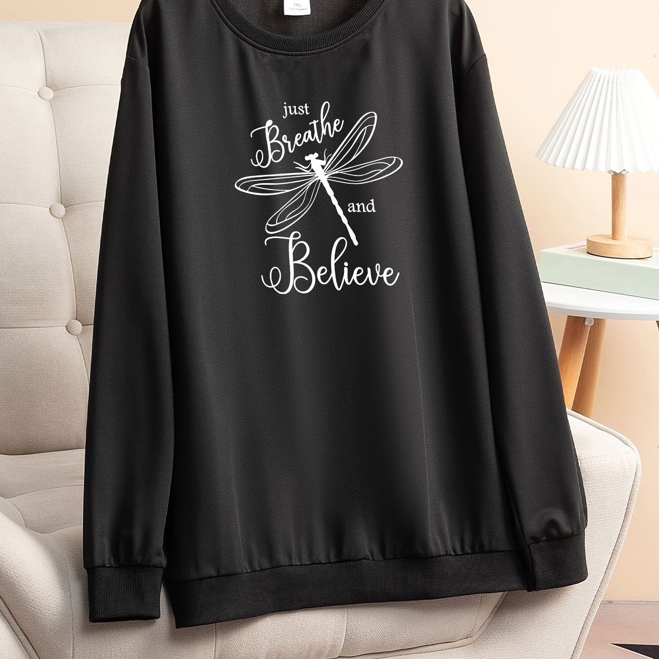 Dragonfly Print Long Sleeve Lounge Top Plus Size Women's Tee