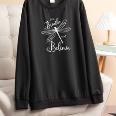 Dragonfly Print Long Sleeve Lounge Top Plus Size Women's Tee