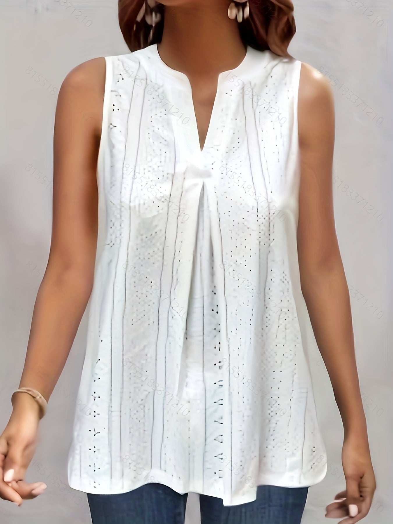 Eyelet Pleated Tank Top V Neck Sleeveless Summer Top