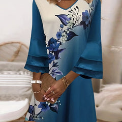 Floral Print Layered Sleeve V Neck Boho Dress