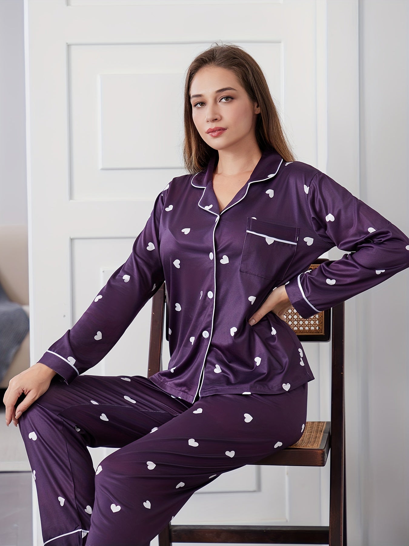 Heart Print Pajama Set Long Sleeve Button Top & Pants