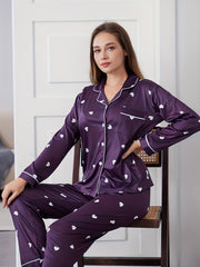 Heart Print Pajama Set Long Sleeve Button Top & Pants