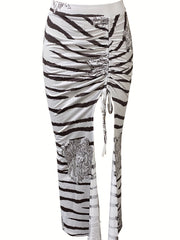 Print Drawstring Slit Skirt Spring & Summer Women's Clothing