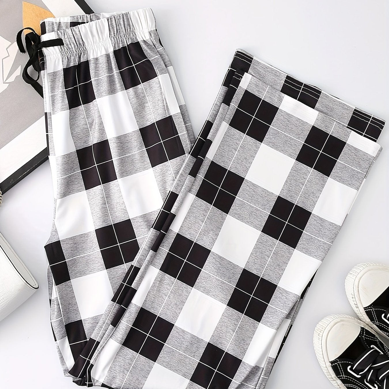 Plaid Print Drawstring Waist Pants Casual Straight Leg Pants