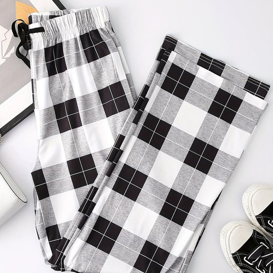 Plaid Print Drawstring Waist Pants Casual Straight Leg Pants