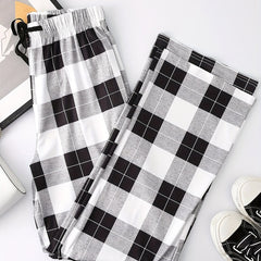 Plaid Print Drawstring Waist Pants Casual Straight Leg Pants