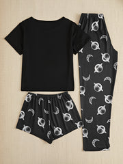 Moon Print Pajama Set Short Sleeve Crew Neck Top & Shorts Women's Sleepwear