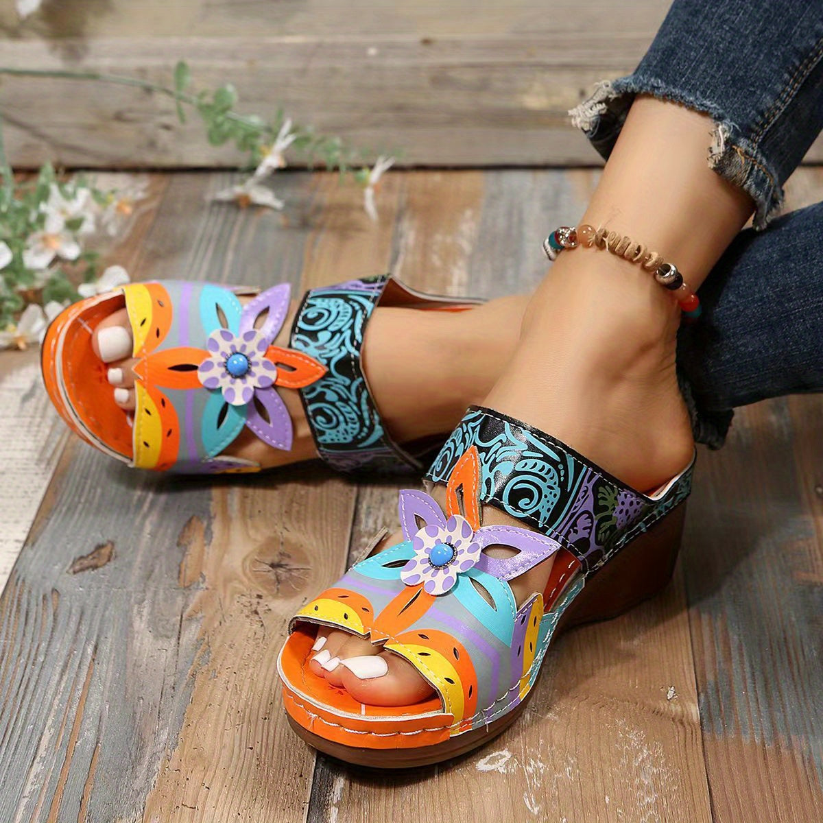 Women's Flower Decor Wedge Sandals Comfortable Open Toe Strap Shoes