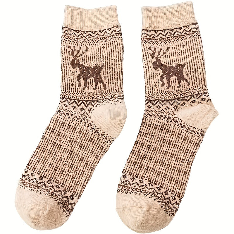 5 Pairs Cartoon Elk Print Socks Warm Christmas Mid Tube Women's Stockings