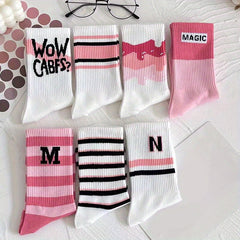 7 Pairs Letter Print Striped Socks, Women's Stockings
