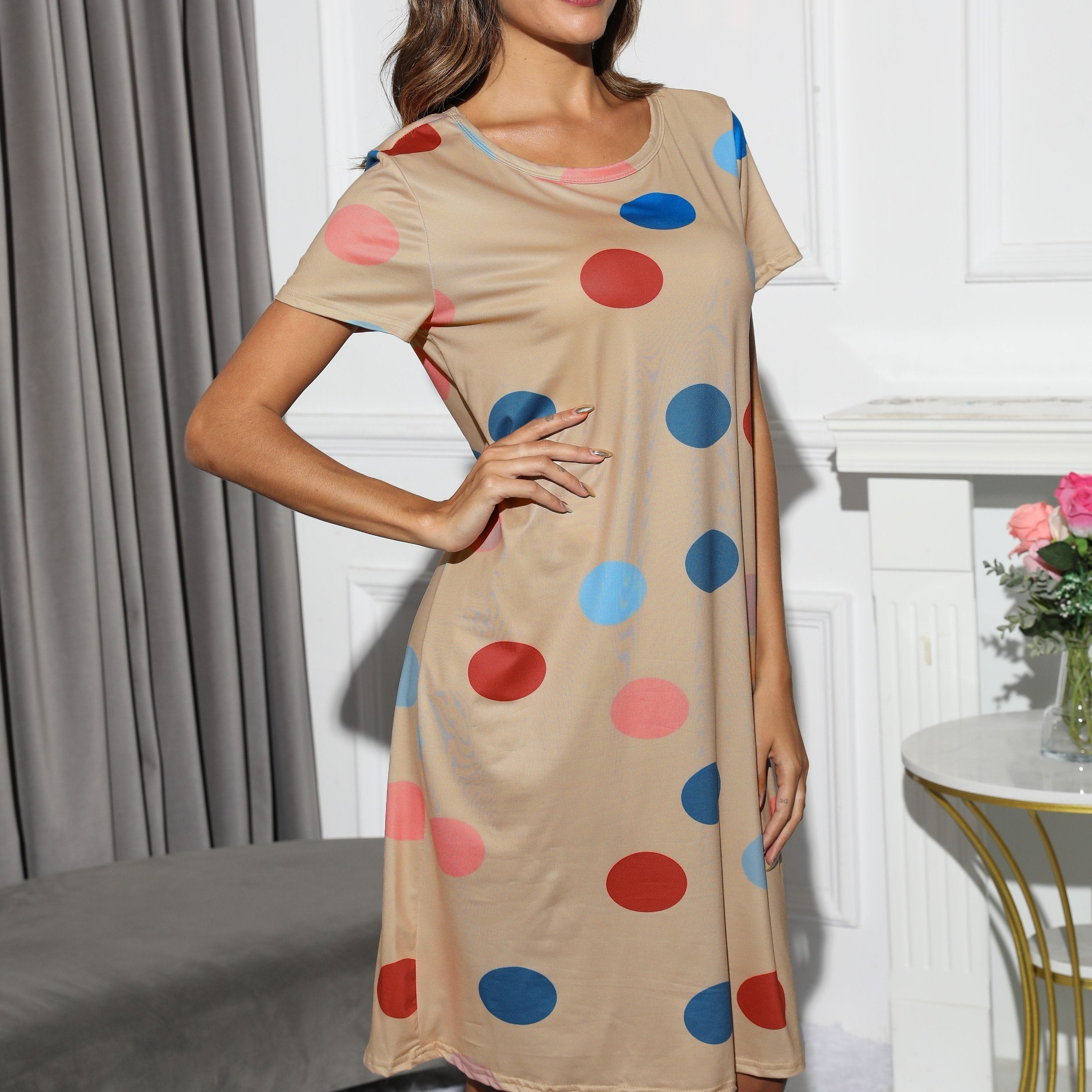 Polka Dot Print Nightdress Crew Neck Short Sleeve Sleep Dress Women's Sleepwear