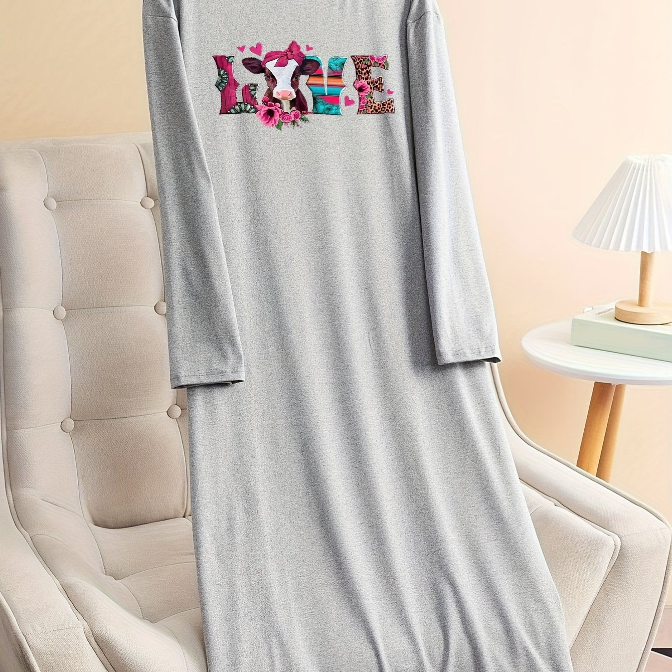 Lounge Dress Women's Plus Floral Cow & Letter Print Nightdress