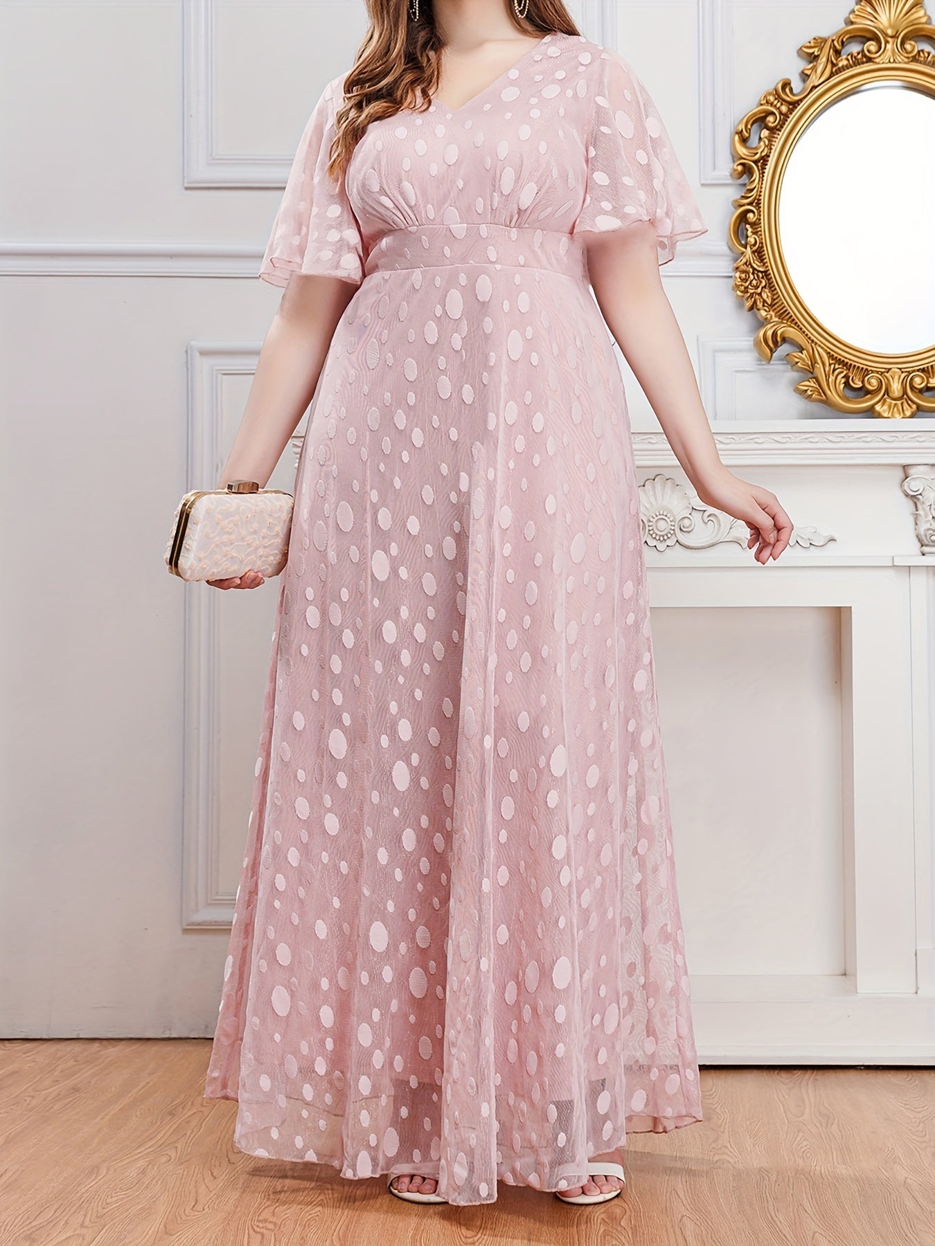 Polka Dot Mesh V Neck Maxi Evening Dress