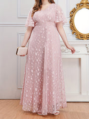 Polka Dot Mesh V Neck Maxi Evening Dress