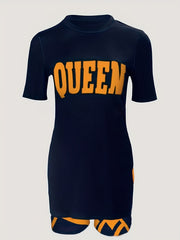 Queen Print T Shirt & Shorts Set Casual Two piece Women's Clothing