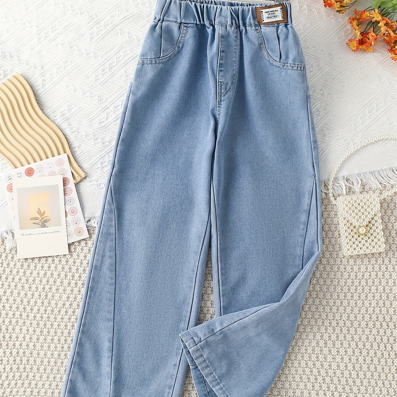 Girls Wide Leg Denim Pants with Pockets