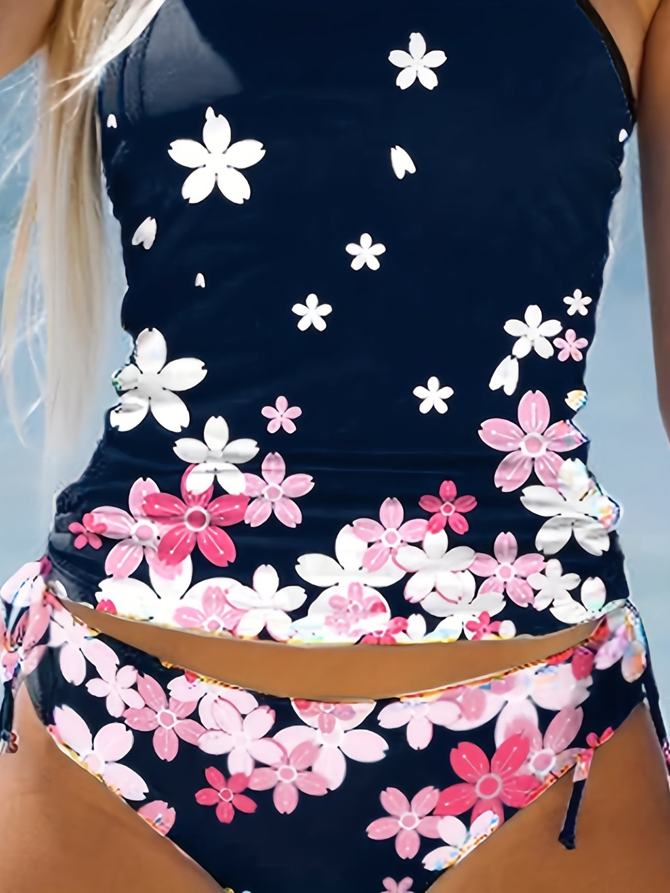 Floral Pattern Casual Tankini Set Halter Round Neck High Cut Swimsuit